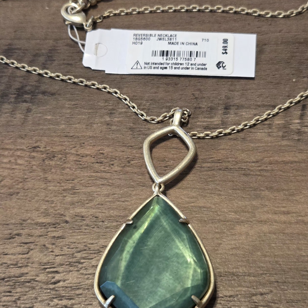 Lucky Brand Gold Reversible Necklace with Green / Black Druzy Pendant